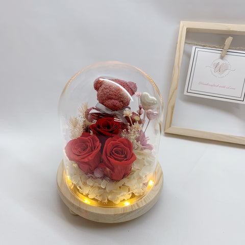 Glass Dome - Roses & Bear