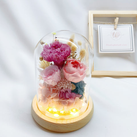 Glass Dome - Purple Carnation with Pink Roses