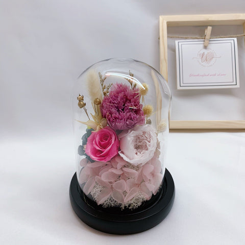 Glass Dome - Purple Carnation with Pink Rose