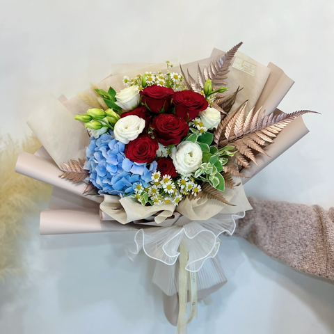 Fresh Bouquet - Blue Hydrangea with Red Roses